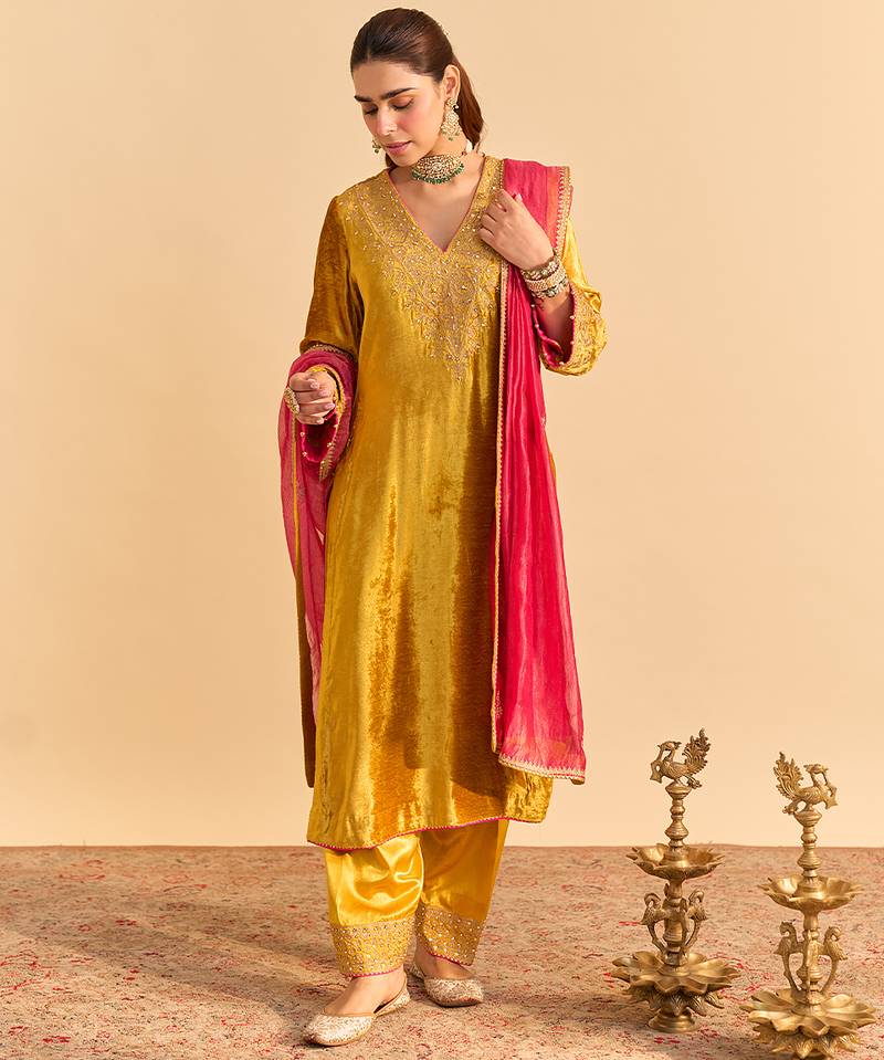 Yellow embroidered velvet kurta set with dupatta