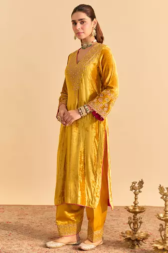 Yellow embroidered velvet kurta set with dupatta