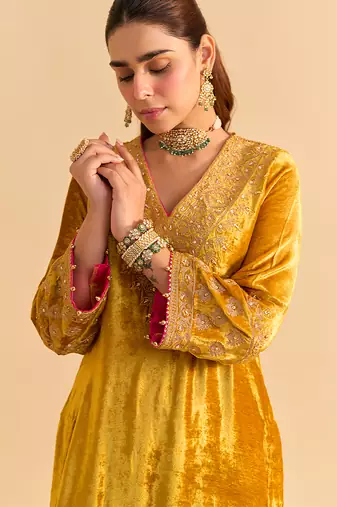 Yellow embroidered velvet kurta set with dupatta