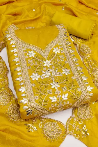  mustard heavy embroidery vichitra dress material 