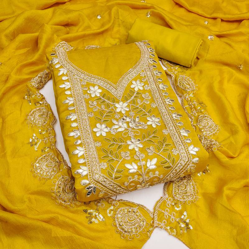  mustard heavy embroidery vichitra dress material 