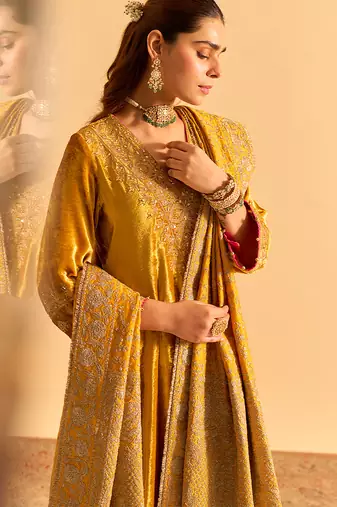 Yellow embroidered velvet kurta set with dupatta