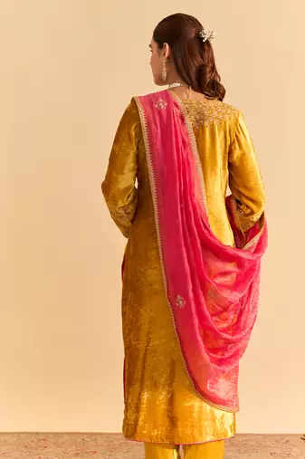 Yellow embroidered velvet kurta set with dupatta