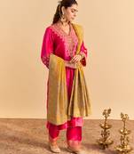 Pink embroidered velvet kurta set with dupatta