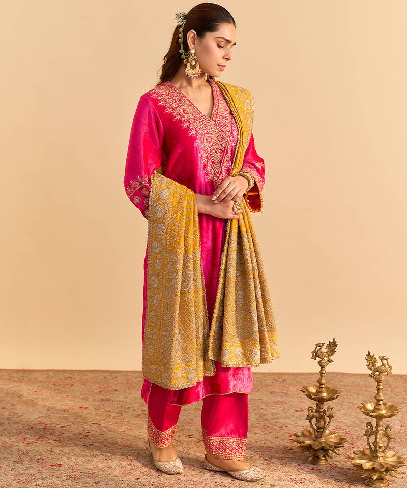 Pink embroidered velvet kurta set with dupatta