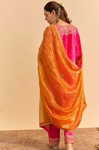 Pink embroidered velvet kurta set with dupatta