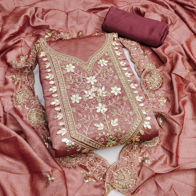 purple heavy embroidered vichitra dress material