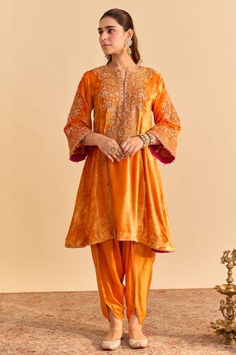 Orange embroidered velvet kurta set