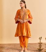 Orange embroidered velvet kurta set