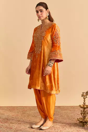 Orange embroidered velvet kurta set