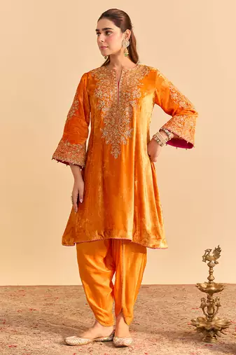 Orange embroidered velvet kurta set
