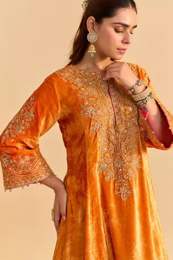 Orange embroidered velvet kurta set
