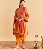 Orange embroidered velvet kurta set with dupatta