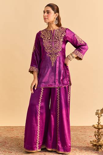Purple embroidered velvet sharara set
