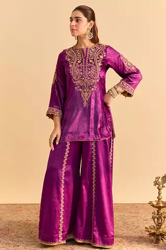 Purple embroidered velvet sharara set