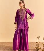 Purple embroidered velvet sharara set
