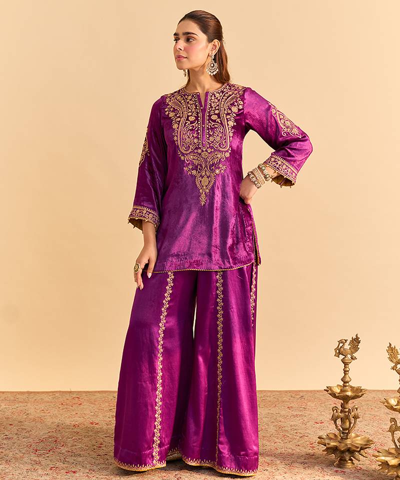 Purple embroidered velvet sharara set