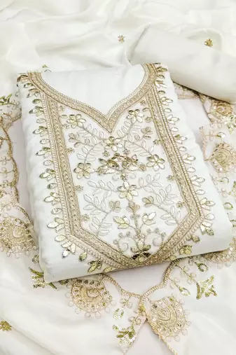  white heavy embroidery vichitra dress material 