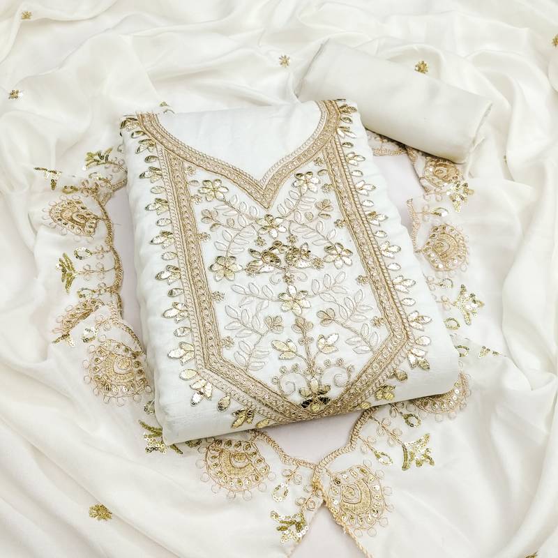  white heavy embroidery vichitra dress material 