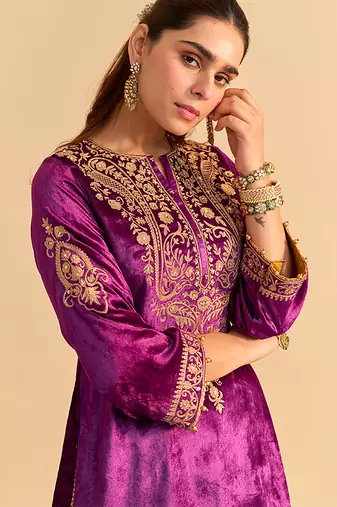 Purple embroidered velvet sharara set