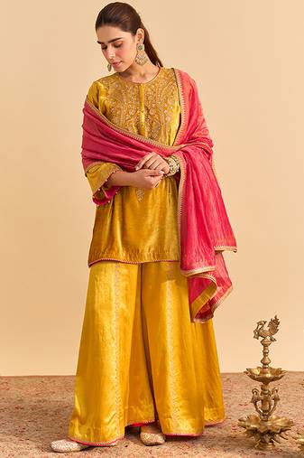 Yellow embroidered velvet sharara set with dupatta
