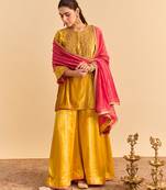 Yellow embroidered velvet sharara set with dupatta