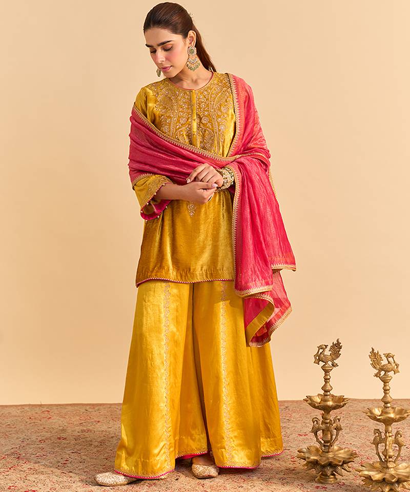 Yellow embroidered velvet sharara set with dupatta