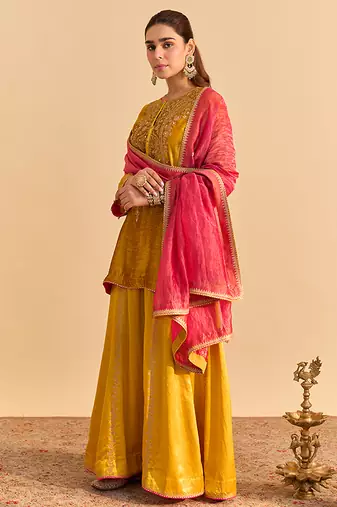 Yellow embroidered velvet sharara set with dupatta
