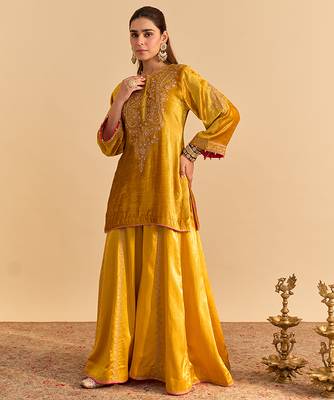 Yellow embroidered velvet sharara set with dupatta 4