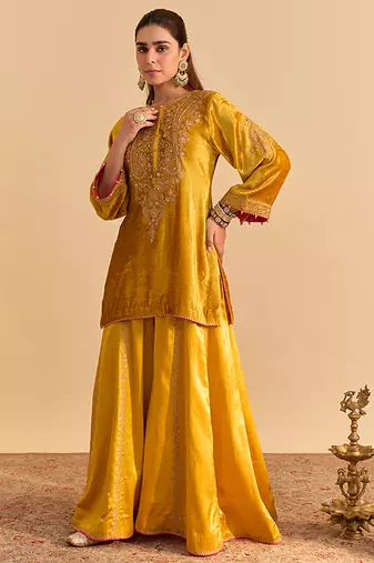 Yellow embroidered velvet sharara set with dupatta