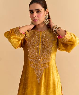 Yellow embroidered velvet sharara set with dupatta 5