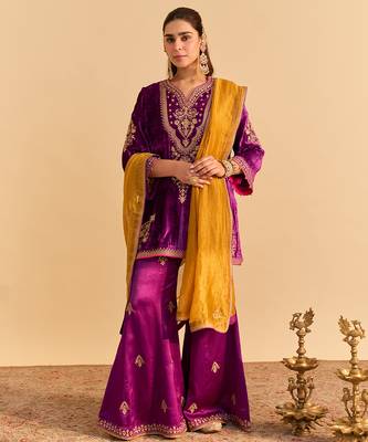 Purple embroidered velvet sharara set with dupatta 1