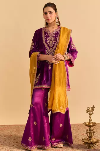 Purple embroidered velvet sharara set with dupatta