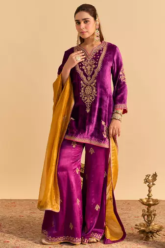 Purple embroidered velvet sharara set with dupatta