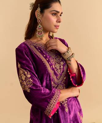 Purple embroidered velvet sharara set with dupatta 3