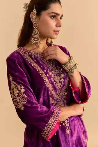 Purple embroidered velvet sharara set with dupatta