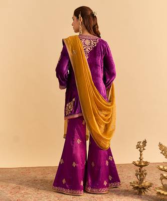 Purple embroidered velvet sharara set with dupatta 4