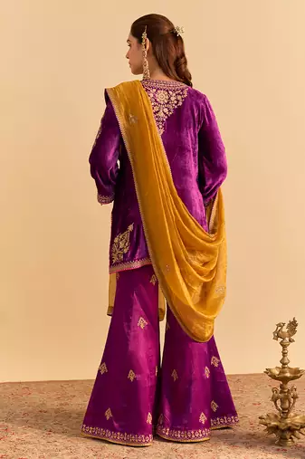 Purple embroidered velvet sharara set with dupatta