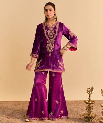 Purple embroidered velvet sharara set with dupatta 5