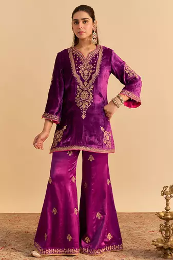 Purple embroidered velvet sharara set with dupatta