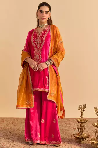 Pink embroidered velvet sharara set with dupatta