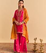 Pink embroidered velvet sharara set with dupatta