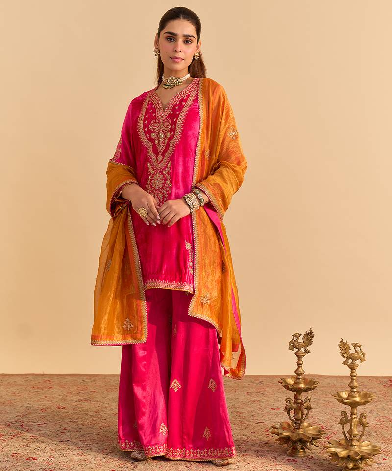 Pink embroidered velvet sharara set with dupatta