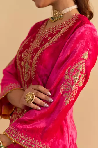 Pink embroidered velvet sharara set with dupatta