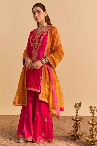 Pink embroidered velvet sharara set with dupatta