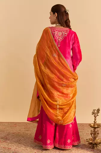 Pink embroidered velvet sharara set with dupatta