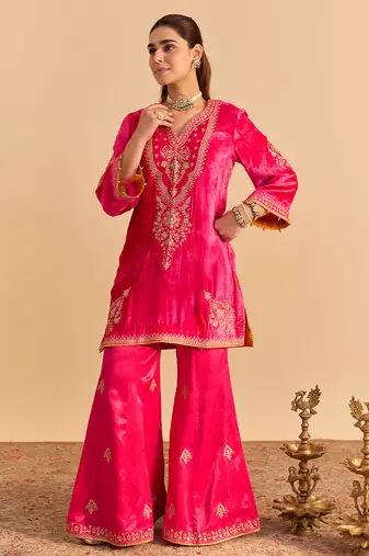 Pink embroidered velvet sharara set with dupatta