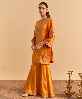 Orange embroidered velvet sharara set with dupatta 3