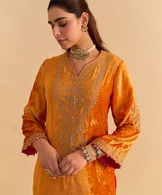 Orange embroidered velvet sharara set with dupatta 4