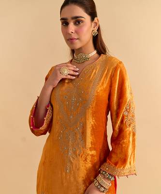 Orange embroidered velvet sharara set with dupatta 5